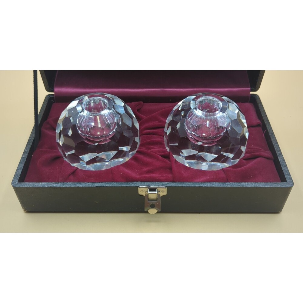 Vtg Post House Japan Lead Crystal Orb Candle Holders In Case Multifaceted MCM